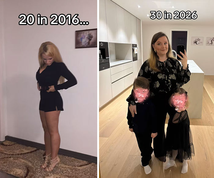 Side-by-side comparison of a woman at age 20 in 2016 and at age 30 in 2026 with her two children, showing 2016 vs 2026 photos.