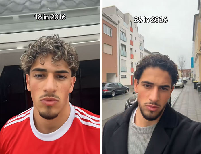 Side-by-side photos showing a young man at age 18 in 2016 and at age 28 in 2026 with noticeable changes over time.