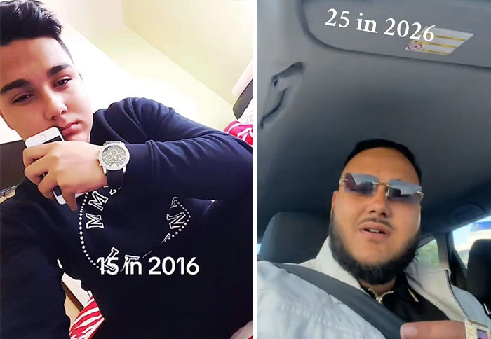 Side-by-side comparison photo of a man at 15 in 2016 and 25 in 2026, showcasing aging and changes over time.