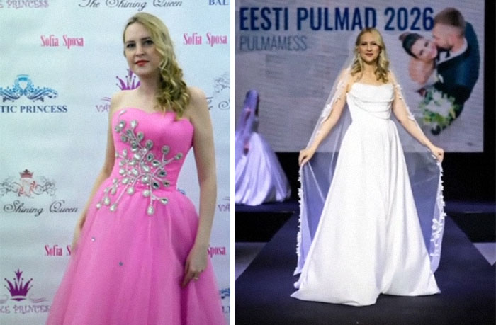 Side-by-side photos showing a woman in 2016 and 2026, highlighting changes over the years in fashion and appearance.