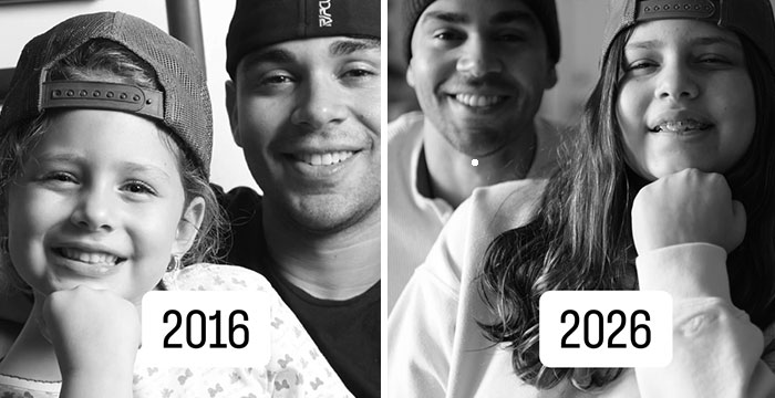 Side-by-side black and white photos of two people showing changes from 2016 vs 2026 in a decade comparison.