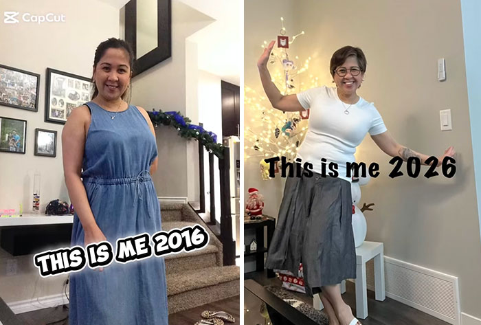 Side-by-side photos of a woman in 2016 and 2026 showing changes over time from people shared photos.