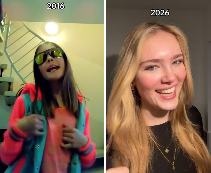 Side-by-side 2016 vs 2026 photos of a woman showing her transformation and hard to recognize changes over ten years.