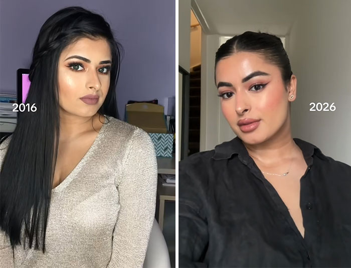 Side-by-side photos of a woman from 2016 and 2026 showcasing changes in appearance over time.