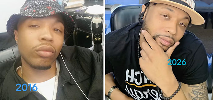 Side-by-side photos of a man in 2016 and 2026 showing changes over a decade with visible tattoos and a hat in the recent image