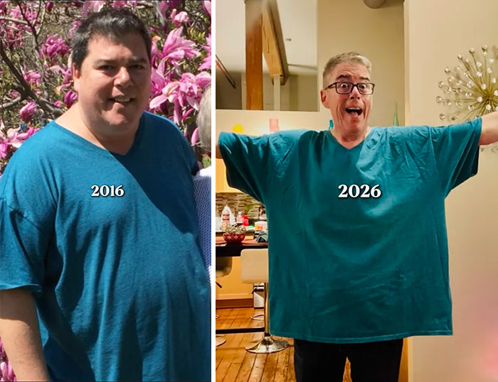 Side-by-side 2016 vs 2026 photos showing dramatic weight loss transformation of a man in blue shirts.