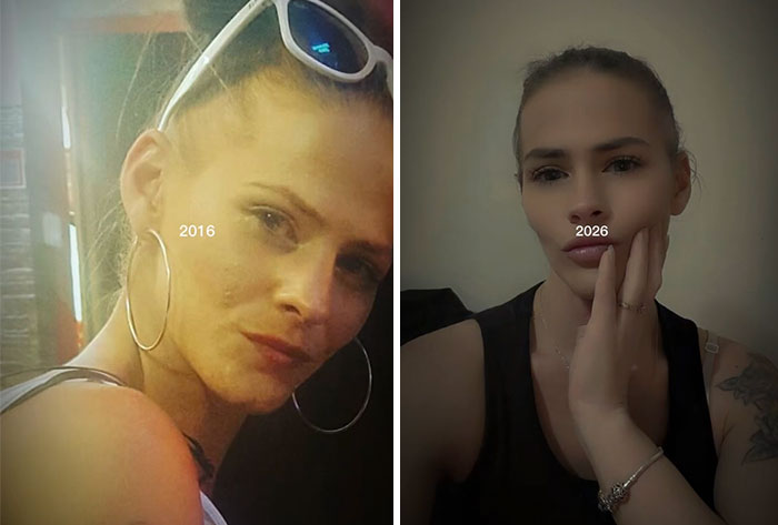 Side-by-side 2016 vs 2026 comparison photos of a woman showing changes over ten years shared by people.