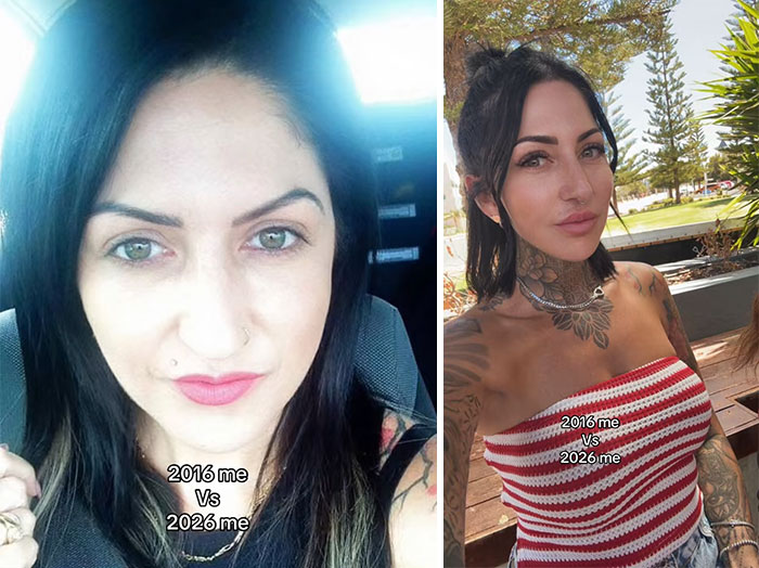 Side-by-side comparison of a woman showing 2016 vs 2026 photos highlighting changes over time shared by people