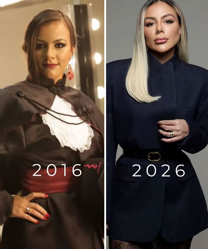 Side-by-side 2016 and 2026 photos showing a woman’s transformation in style and appearance over ten years.