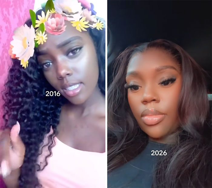 Side-by-side photos of a woman from 2016 and 2026 showing changes over time in a decade comparison.