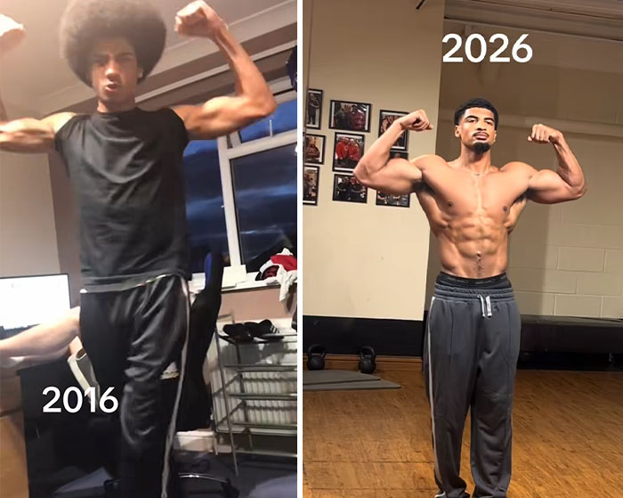 Side-by-side 2016 vs 2026 transformation photos showing muscle gain and fitness progress over ten years.