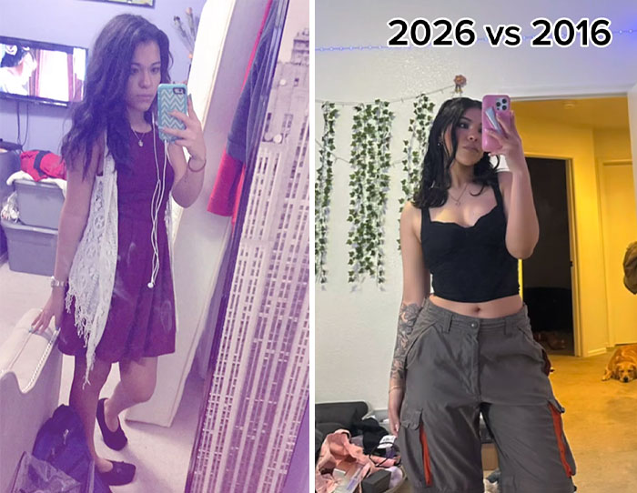 Side-by-side 2016 vs 2026 photos of a woman showing changes in style and appearance over 10 years.