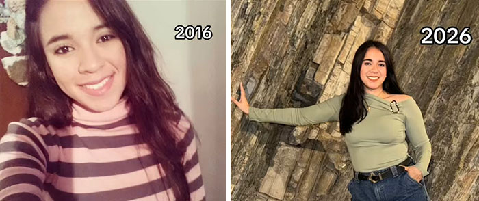 Side-by-side photos showing a woman in 2016 and 2026 highlighting changes in people over time.