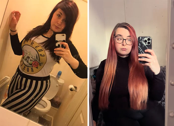 Side-by-side 2016 vs 2026 selfies of a woman showing changes in hair style and fashion in 10 years.