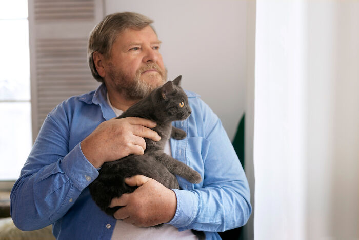 Man in blue shirt holding black cat, looking thoughtfully out window, illustrating strange tales of people who morphed
