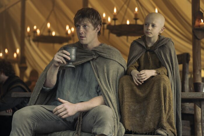 Scene from Knight of the Seven Kingdoms showing Egg and a young friend with a direct Game of Thrones connection.
