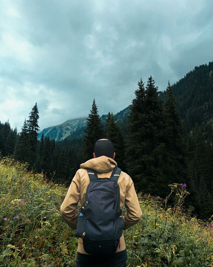 Person with backpack exploring nature surrounded by trees and mountains, reflecting on things that shocked people after prison.
