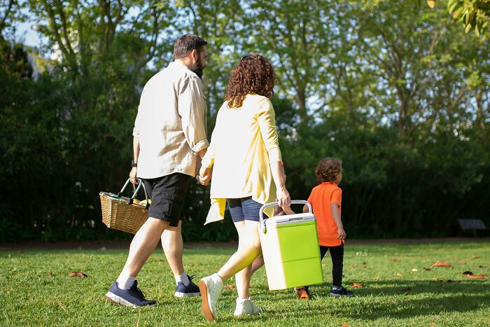 Family walking in park carrying picnic basket and cooler, symbolizing coworkers acting unhinged at work stories shared.