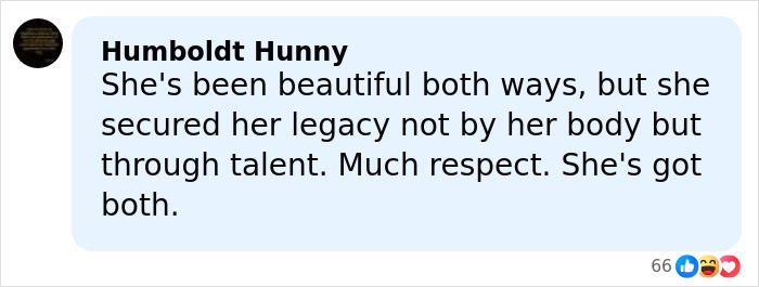 Brunette Sydney Sweeney comment screenshot: blue speech bubble with user praising her talent and reaction icons