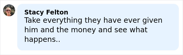 Comment from Stacy Felton discussing taking possessions and money amid Brooklyn Beckham family feud legal dispute. Comment from Stacy Felton discussing taking possessions and money amid Brooklyn Beckham family feud legal dispute.