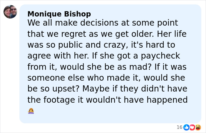 Comment by Monique Bishop discussing regret, public life, and a controversial footage incident involving Pamela Anderson.