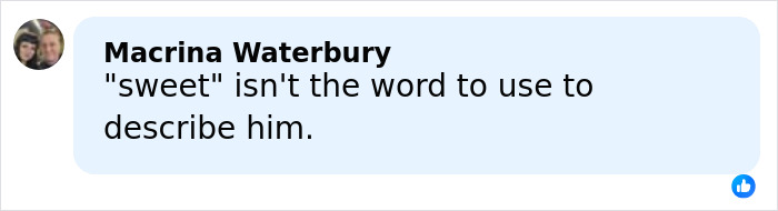 Comment on social media from Macrina Waterbury expressing disagreement with the description of Timothy Busfield as sweet.