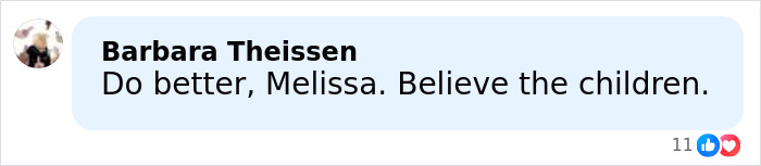 Comment from Barbara Theissen criticizing Melissa Gilbert&rsquo;s letter regarding her husband Timothy Busfield, sparking mass fury.