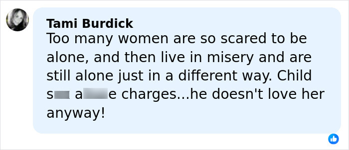 Comment by Tami Burdick expressing views on women&rsquo;s fears and child support in a social media post.