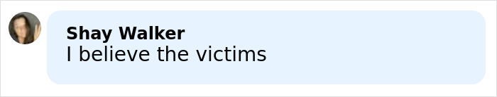 Comment from Shay Walker stating belief in victims, related to Melissa Gilbert&rsquo;s lengthy letter involving Timothy Busfield controversy.