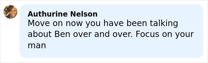 Comment from Authurine Nelson discussing Ben Affleck amid Jennifer Garner's trauma bonded divorce comments.