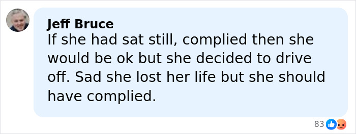 Comment from Jeff Bruce on social media about family of mom slain by ICE agent and compliance in incident. Comment from Jeff Bruce on social media about family of mom slain by ICE agent and compliance in incident.