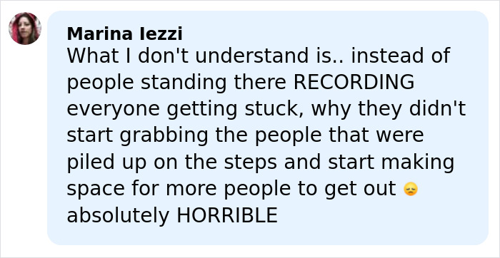 User comment expressing confusion and frustration over people recording instead of helping in a crowd during a possible negligence incident.