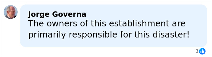 Comment criticizing owners, blaming them for negligence in lethal Swiss ski bar fire disaster on social media platform.