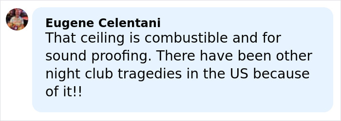 Comment discussing combustible ceiling materials linked to negligence in lethal Swiss ski bar fire safety concerns. Comment discussing combustible ceiling materials linked to negligence in lethal Swiss ski bar fire safety concerns.