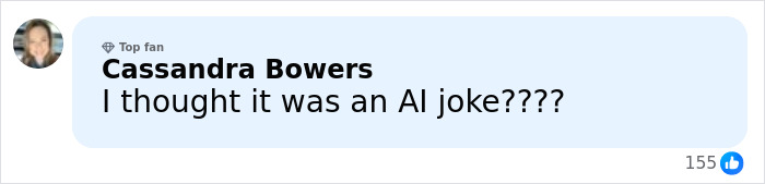 Comment from Cassandra Bowers questioning if it was an AI joke, showing engagement on Guy Fieri's birthday glow-up post. Comment from Cassandra Bowers questioning if it was an AI joke, showing engagement on Guy Fieri's birthday glow-up post.