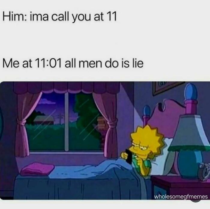 Lisa Simpson in bed at night looking at her phone with text about men lying, a loving meme to send to your girlfriend.