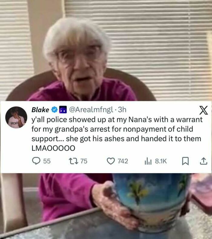 Elderly woman with glasses holding a plant pot, paired with a funny screenshot about a police warrant and ashes.
