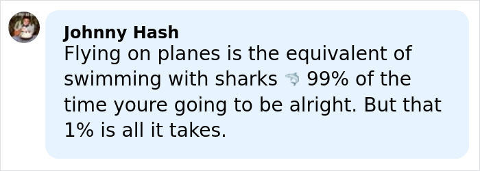 Comment by Johnny Hash discussing the risks of flying on planes compared to swimming with sharks, highlighting danger.