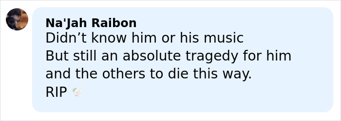 Comment expressing condolences for famous singer's tragic plane crash and loss of life, mentioning RIP.