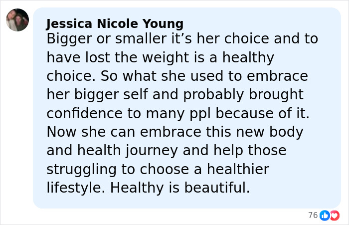 Amy Schumer bikini shots: screenshot of a comment praising her weight loss and healthy transformation