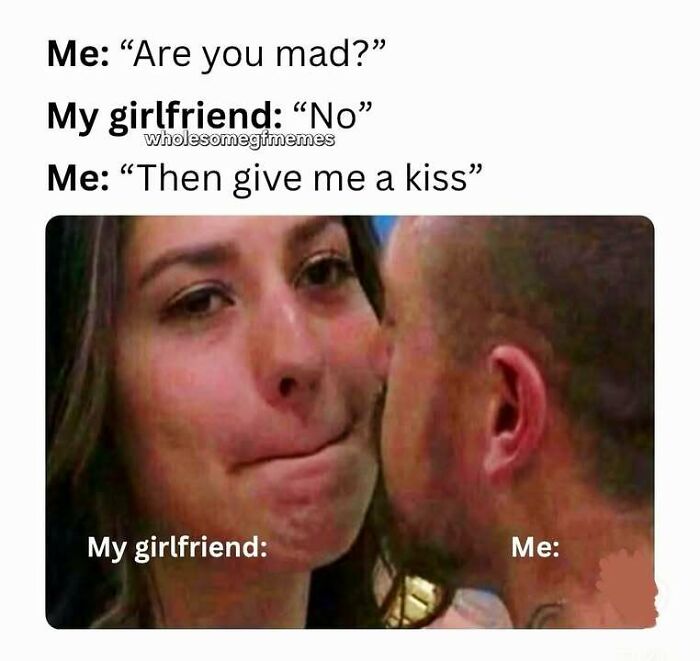 Couple sharing a playful moment with a loving meme to send to your girlfriend showing affection and appreciation.