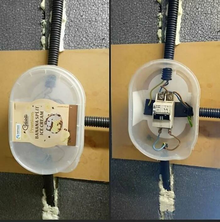 Improvised electrical junction box made from a plastic ice cream container, showcasing a funny Eastern European experience.