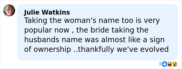 Comment from Julie Watkins discussing name changes after marriage in relation to Adam Peaty's controversial wedding.