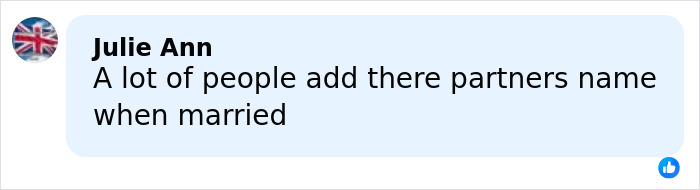 Comment by Julie Ann discussing people adding their partner's name after marriage on a social media post.
