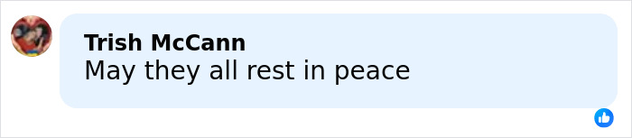 Facebook comment by Trish McCann saying May they all rest in peace, related to famous singer plane crash news.