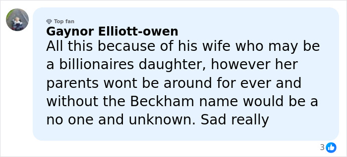 Comment discussing family feud involving Brooklyn Beckham and his parents David and Victoria Beckham online. Comment discussing family feud involving Brooklyn Beckham and his parents David and Victoria Beckham online.