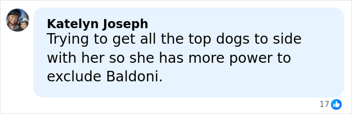 Social media comment discussing efforts to exclude Justin Baldoni with references to Blake Lively and Ryan Reynolds texts.