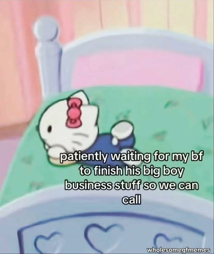 Cute cartoon character lying on bed, expressing love and patience in a loving meme for girlfriend appreciation.