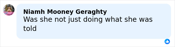 Comment by Niamh Mooney Geraghty questioning if waitress was simply following orders in Swiss ski resort fire case.