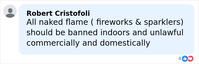 Comment by Robert Cristofoli expressing concern about banning fireworks and sparklers indoors due to fire risks at Swiss ski resort. Comment by Robert Cristofoli expressing concern about banning fireworks and sparklers indoors due to fire risks at Swiss ski resort.